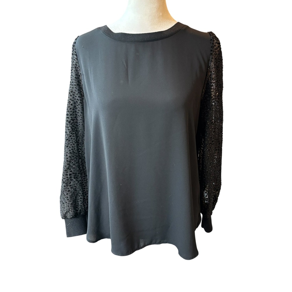 LOFT Black Mesh Velvet Dot Puff Sleeve Blouse MP Gold Glitz Mixed Media #42